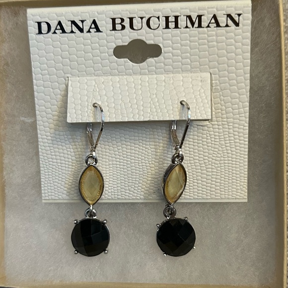 NWT Dana Buchman, silver dangle earrings with black and beige stones - Picture 2 of 5